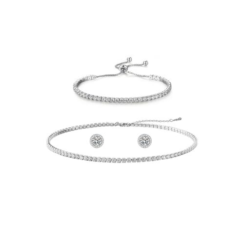 Silver Tennis Necklace and Bracelet Set for Women Wedding Jewelry Sets for Brides Earrings Prom Bridesmaid Jewelry