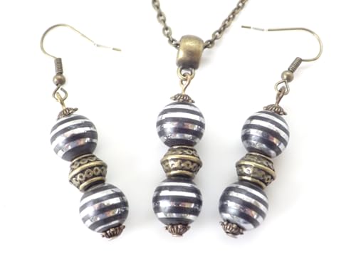 Conjunto de joyería pendientes y collar en bronce con colgante de perlas de hematita negra y cromo y perlas tibetanas