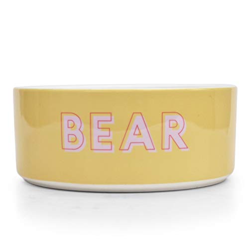 Should We Go? Custom Dog Bowl: Cute Ceramic Pet Dish You Can Personalize w/Monogrammed Name. Modern Colors. (Mustard)