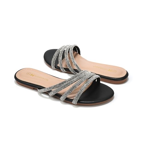 Women's Sandals Rhinestone Strappy Slides With Soft Memory Foam Insole, Dressy Open Toe Beach Slippers Flats for Summer2