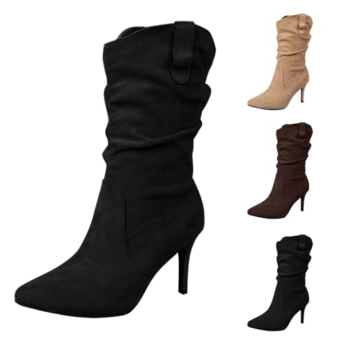 Botas cortas de invierno para mujer, con tacón, tallas grandes, tacón de aguja, tacón alto, botas anchas, elásticas, para invierno, longitud media, Negro , 38 EU