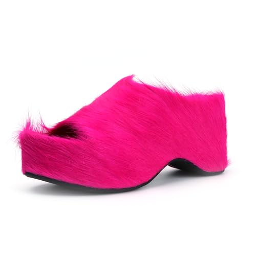 Image of XOBZJH Long-Hair Calfskin Chunky Clog Slide for Women - Memory Foam Luxury Slip on Shoes Women's Mules & Platform Clogs,Designer Mules for Women 2025