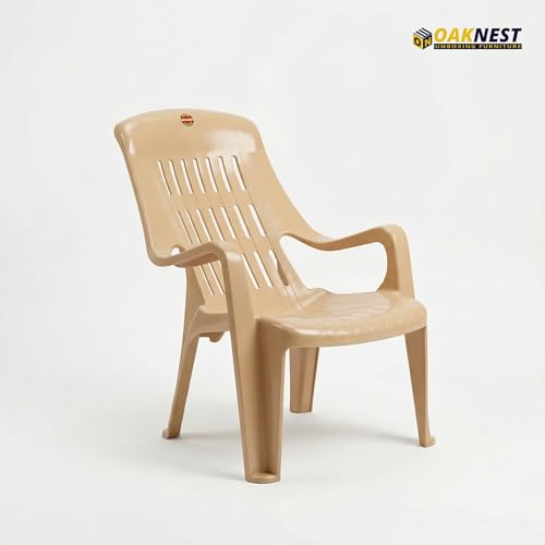 Image of Oaknest Unboxing Furniture Celloo Premium Plastic Relaxing Chair with Armrests | Ergonomic High-Back Lounge Seating for Home, Garden & Balcony (Marble Beige), Count of 4