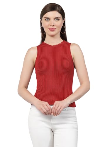Image of Kalt Womens Knitted, Ribbed Cotton Fitted Sleeveless Round Neck Cami Tank Top