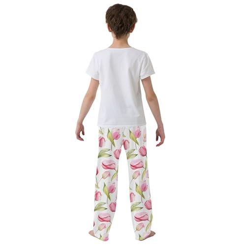 Pink Tulip Flower Long Pajama Pants Elastic Waist PJ Bottoms with Pockets S A1114794