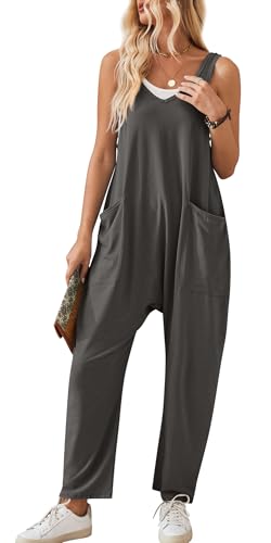 Maeau - Femmes Salopette en Tricot Ample avec Grandes Poches Combinaison Sans Manches Pantalon Droite Jambes Larges Y2K Casaul Jumpsuit Salopette - Gris foncé...