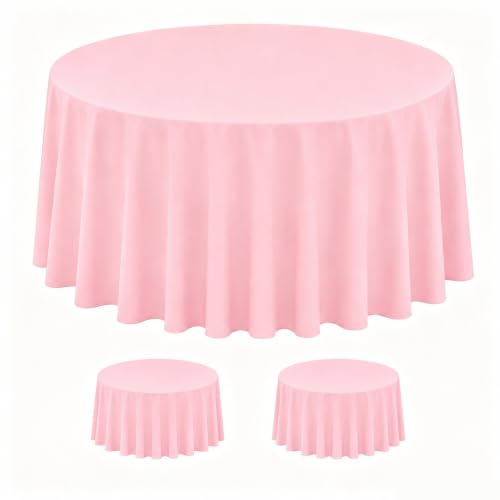 Image of WNINK 2 Pack Light Pink Round Tablecloth, 84 Inch Disposable Plastic Table Covers, Light Pink Round Table Cover for Birthday Parties, Holiday, Picnic, BBQ, Family Gathering Party Supplies