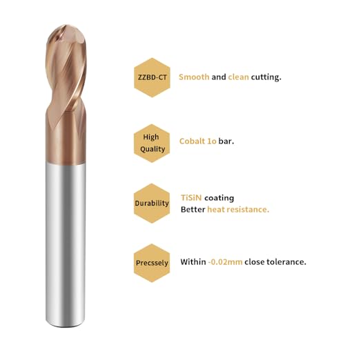 Image of Carbide Ball Nose End Mills-2 Flute TISIN Coated,for Milling Alloy Steels, Hardened Steel, Metal etc.1 Pcs R2x50mm