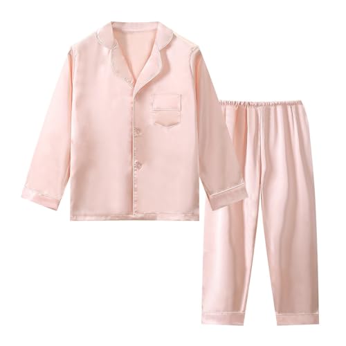 Kids Boys Girls Long Sleeve 𝐏ajamas Satin 𝐏a𝐣ama Set Button Down 𝗦ilk 𝐏ajamas with Long Pants 2 Piece 𝐋oun𝐠ewear