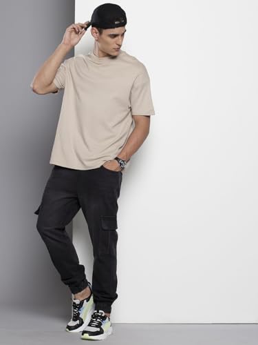 Image of The Indian Garage Co Men Regular Fit Solid Mid-Rise Stretchable Denim Cargo Joggers