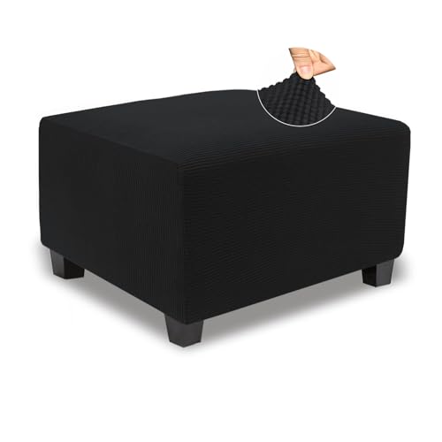 Image of NeColorLife Stretch Ottoman Cover Square Oversized Soft Knitted Jacquard Thick Covers for Large Square Ottoman Storage Stool Furniture Protector Black X-Large