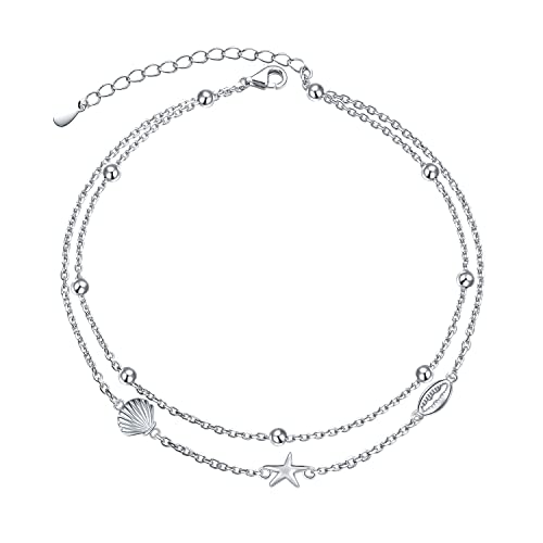 Image of Flyow Anklet for Women S925 Sterling Silver Adjustable Foot Beaded Heart Charm Ankle Bracelet Anklets Jewelry