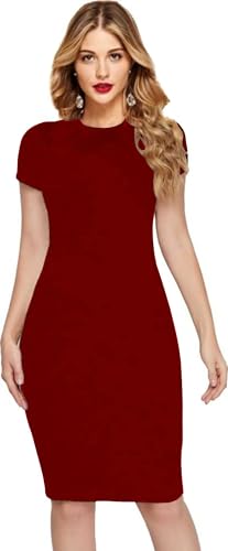 Image of Dream Beauty Fashion Women's Short Sleeves Casual Midi Bodycon Maroon Hosiery Dress (38 Inches) Dress-Oppo Red-S
