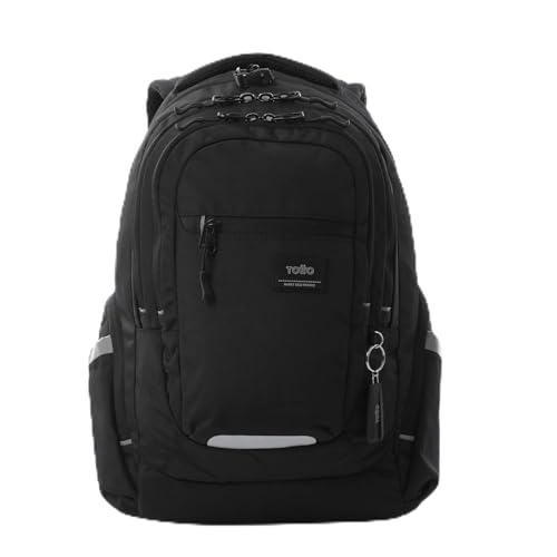 TOTTO - Mochila para Ordenador Portátil 13 Pulgadas, Modelo Eufrates, Mochila Eco-Friendly, 6 Compartimentos, Cremallera para Candado, Bolsillos Botella, Espaldar Ergonómico, Color Negro