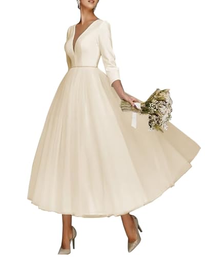 Long Sleeve Wedding Dresses for Bride Tulle Formal Dress for Women Deep V Neck Bridal Gowns 2024