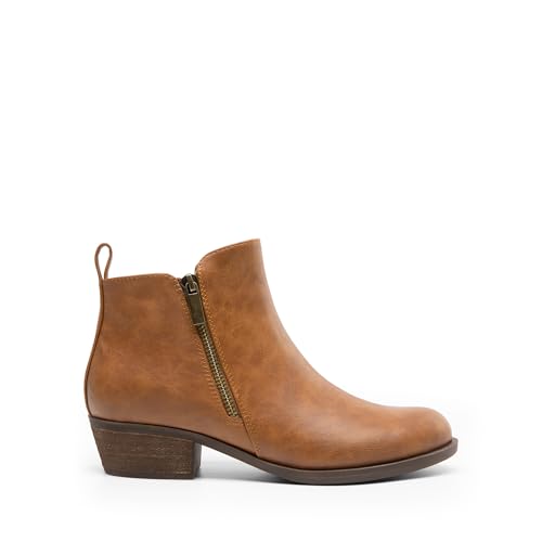 DREAM PAIRS Women's Ankle Boots Classic Low Chunky Heel Side Zipper Booties Shoes,Size 8,TAN-PU,SDAB2440W