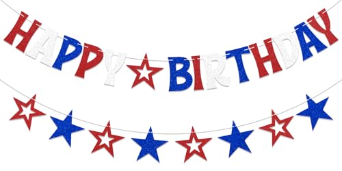 Image of Red White & Blue Happy Birthday Banner Decoration Glitter American Themed Stars Decorations for 4th of July Memorial Day Party Independence Day Birthday Decorations