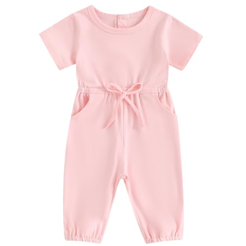 Image of Mubineo Toddler Baby Girl Boy Clothes Basic Plain Romper Jumpsuit Short Sleeve Pocket Newborn Summer Fall Outfits