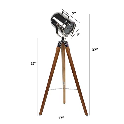 Image of Industrial Tripod Floor Lamp with Chrome Spotlight Head | Adjustable Wooden Studio Light for Home Decor - 37 Inch Height (Win Nickle)