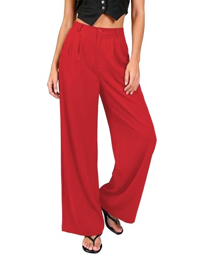 GRAPENT Wide Leg Pants High Waisted Trousers Women High Waisted Slacks for Women Flowy Pants for Summer Business Casual Red Wide Leg Palazzo Slacks Color True Red Size Medium Size 8 10