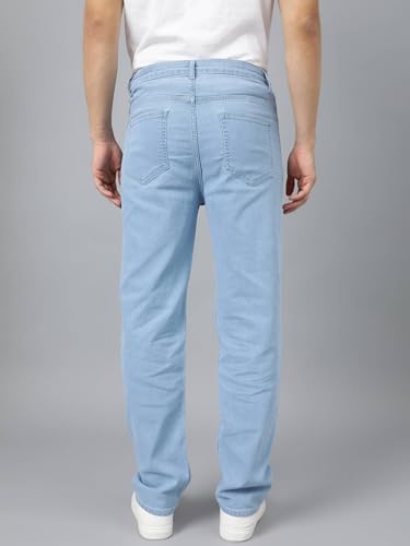 Image of KOTTY Men's Solid Abyssal Anchorfish Blue Button Straight Fit Jeans