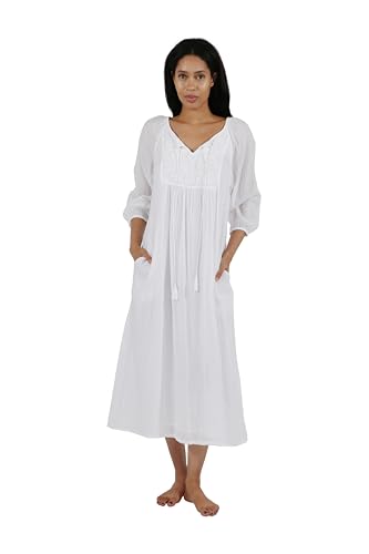 LA CERA Women's 100% Cotton 3/4 Sleeve Women Gown, Scoop Neckline, Embroidered Floral Motif, Side Pockets