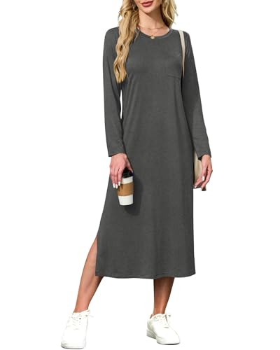 MISFAY Women Long Sleeve Midi Dresses 2025 Fall Side Slit Casual Crewneck Loose Long T Shirts Dress with Pockets Light Gray
