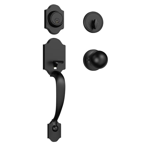 Estmoon Front Door Lock Set Matte Black Exterior Door Handle, Deadbolt Lock with Interior Door Knob for Entry Doors, Front Door Handle and Single Cylinder Deadbolt Reversible for Left &Right Hand Door