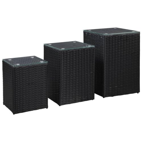 Bucmath Beistelltische 3 STK. mit Glasplatte Schwarz Poly Rattan,...