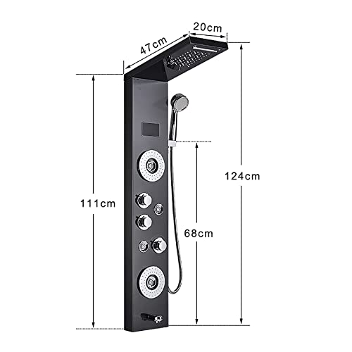Sistema de columna de ducha con panel digital, ducha superior, ducha de mano, jets corporales, y grifo para bañera. Acabado en níquel cepillado y negro. miniatura 2