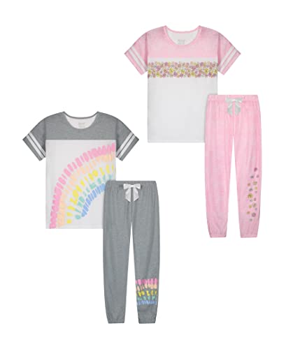 Sleep On It Girls Pajamas Pant Sets 4 Piece Summer T-Shirt And Legging Sleepwear Sets For Kids (2 Full Sets) (10-12, Gray-Pink) #TOP1
