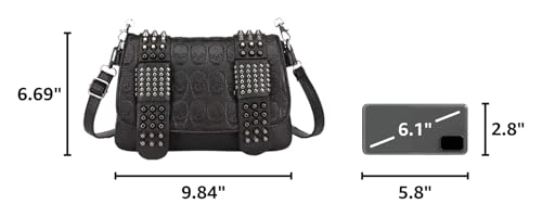 Bolsa de mano y bandolera negra estilo punk con calavera miniatura 3