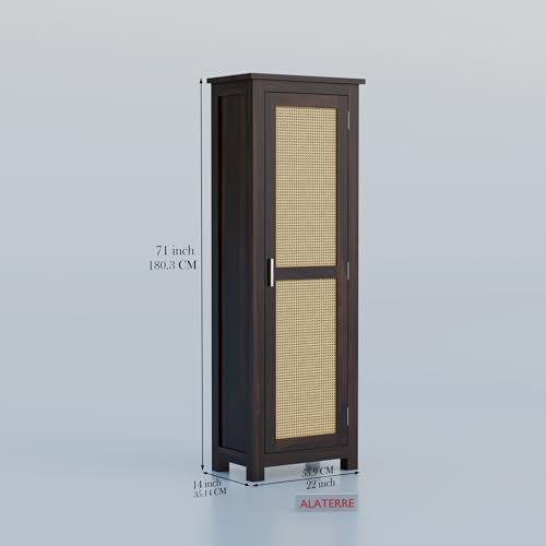 Image of Solid Sheesham Wood Wardrobe with Cane Panel Door | Single Door Wooden Storage Cabinet | Modern Tall Cupboard for Bedroom & Living Room (Walnut Finish)