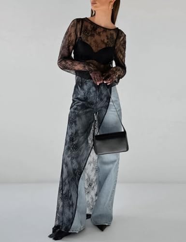 Perbai Women's Mesh Long Sleeve Top Sheer Lace Shirt Crew Neck See Through Split Asymmetrical Hem Y2K Shirt Dress2