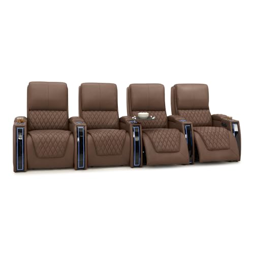 Image of Seatcraft Apex Tobacco Italian Leather Home Theater Seating, Zero Gravity Power Recliner Chair, Powered Headrest and Lumbar Gaming and Lounge Sofa Furniture for Cinema Room, Row of 4