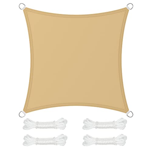 SONGMICS Vela de Sombra de 3 x 3 m, Impermeable con Columna de Agua de 665 mm, Protección Solar, Protección UV 93%, Terraza, Jardín, Balcón, Cuadrada, Cuerdas de 2 m, Amarillo Arena GSH33EY