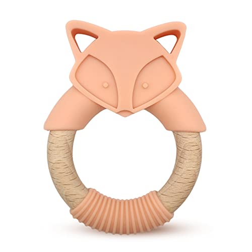 Image of Animal Shape Baby Teething Toys, Silicone Teething Toys for Babies, Baby Wooden Ring Natural Wooden Teething Ring, for Baby Teething Relief & Sensory Exploration, Easy to Grip (Fox)