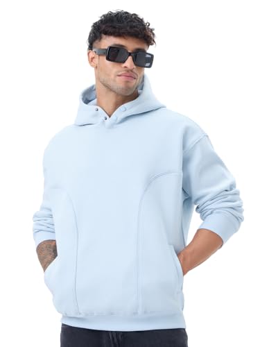 Image of The Souled Store: Marine Men and Boys Full Sleeves Hooded Neck Light Blue Solid Cotton Blend Premium Heavy Fleece Oversized Pullover Hoodie