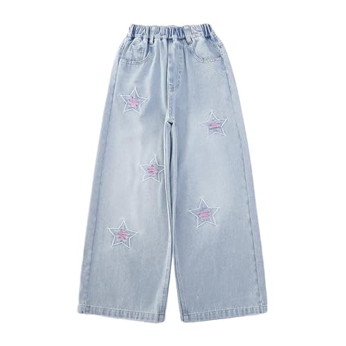 Girls Star Print Baggy Jeans 𝐘2K Elastic High Waist Pants Youth Wide Leg Straight Loose Denim Trousers with Pokets
