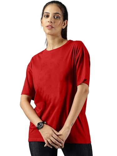 Image of LEOTUDE Women's cotton Oversized Fit Oversized Half Sleeve Tshirt, Round Neck Longline Drop Shoulder Solid T-Shirt