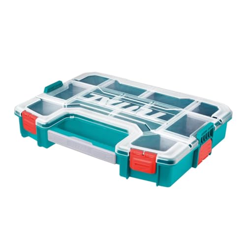Total   Caja Organizadora de Plástico Apilable   Con Asa y Tapa Transparente   Divisiones Combinables   Esquinas Redondas   370mm x 290mm x 65mm   Azul