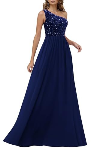 HOMEYEE Damen Elegant Pailletten Mesh Eine Schulter Glitzer Ballkleid Sexy Rückenfrei Abendkleider A-Linie Hochzeitskleid A503 (M, Marineblau)