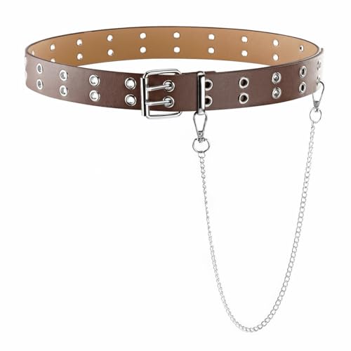Double Grommet PU Belt with Waist Chain Punk Belt Web Belt Eyelet Belt for Women Men Jeans Dresses 2 Hole Belts2