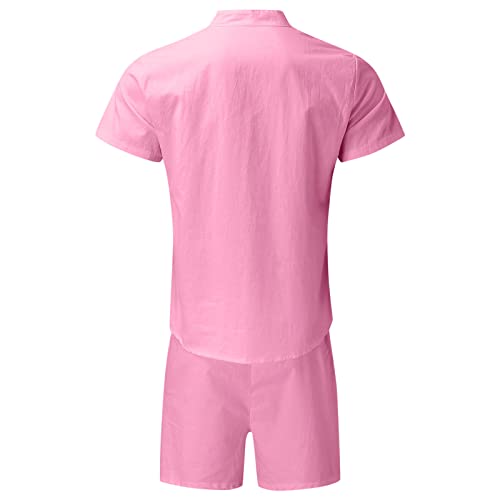 Mens 2 Piece Linen Outfit Stylish Casual Summer Tank Tops Shorts Sets Muscle Short Sleeve Shirt Suits D-Pink #TOP2