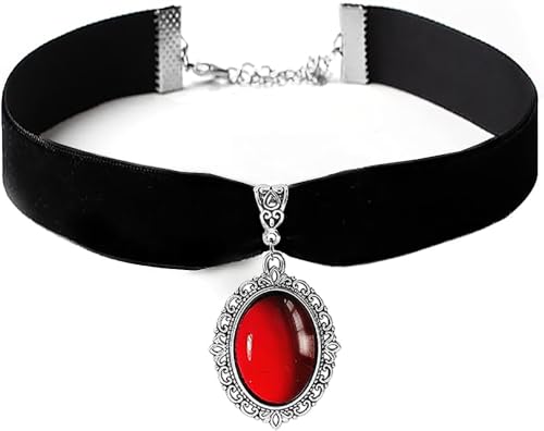 Gothic Choker Pirate Necklace for Women. Blood Red Stone for Grunge Style with Silver/Pewter Finish. Pendant Witch Necklace for Woman Halloween Costume Jewelry Vampire Accessories, Evil Eye, Female Devil, Antique Amulet3