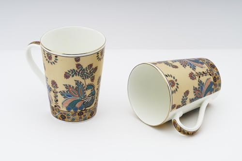 Image of GOLDEN QUEEN'S Elegant Floral Mugs: Set of 2 for Coffee, Tea, Milk | Ideal for Hosting, Casual Gatherings, or Your Daily Beverage Ritual | 24 Carat Gold on Rim - Handpainted Peacock 300 ml