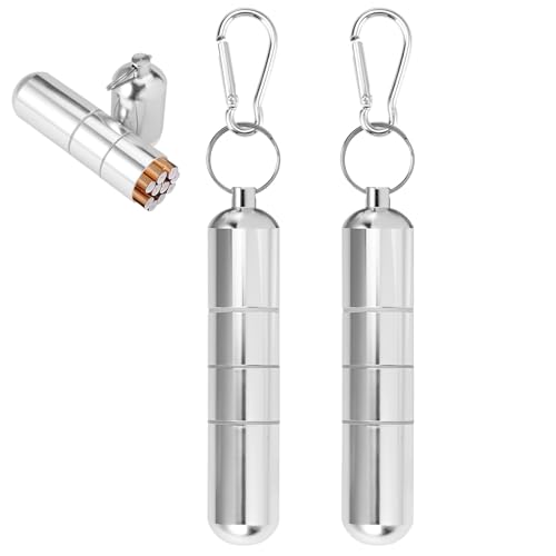 2 Set Sleutelhanger Sigarettenkoker, Waterdichte Ronde Sigaretten, Mini Aluminium Sigarettenkoker voor Mannen Vrouwen, Draagbare Sigarettenkoker voor Reizen Wandelen Kamperen, 12,5×2,5cm, Zilver