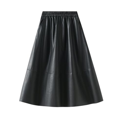 Women PU Faux Leather Skirt Pockets Elastic High Waist Vintage Long Midi Skirts Fairy Casual Autumn