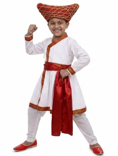Image of BookMyCostume Marathi Dress for Boys | Traditional Ethnic Maharashtrian Dress for Boys | Angrakha Pyjama, Patka & Pagdi Set | Fancy Dress for Cultural Events, School Functions & Festivals | 8-10 Years