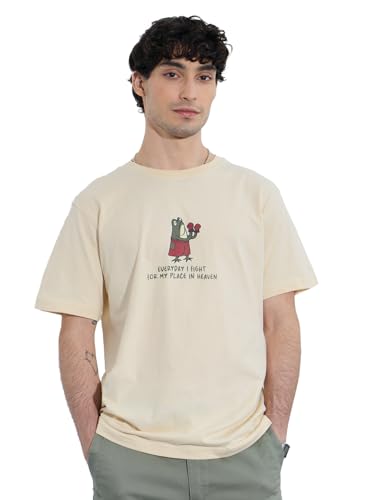 Image of The Souled Store Graphic T-Shirt: Place in Heaven Men and Boys Short Sleeves Round Neck Light Beige Graphic Printed Cotton Relaxed Fit T-Shirts